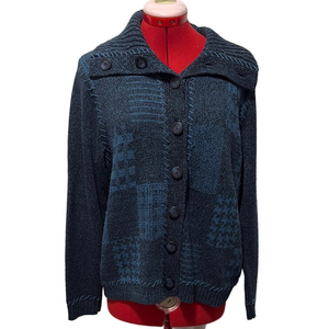 Navy Blue Textured Knit Cardigan Sweater